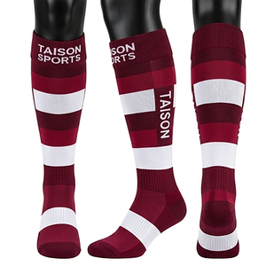 Premium <b>Men</b> Rugby <b>Socks</b> 200 GSM Cotton Polyester Blend Breathable Maroon White Striped Knit Panels Jacquard Custom Logo - Product Image 1