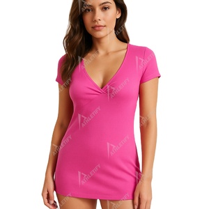 T-shirt à manches courtes en modal côtelé décontracté pour femmes de haute qualité, col profond uni avec impression numérique, approvisionnement en gros - Product Image 2