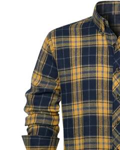 Chemise en flanelle à carreaux bleu marine et jaune moutarde pour homme, manches longues, boutonnée, décontractée, hiver, coupe ajustée, fabrication OEM. - Product Image 3