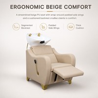 Fauteuil de lavage de cheveux pour salon, beige, avec robinet doré, lavabo en céramique blanc, repose-pieds extensible, réglage manuel