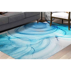 Tapis imprimé marbre abstrait : Décoration moderne de luxe bleue pour salon, tapis fin non tissé - Product Image 1