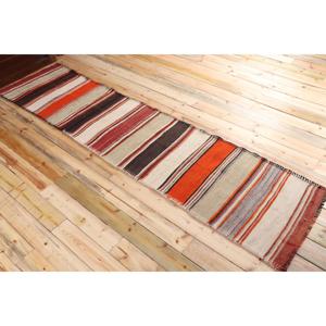 Vintage Turkish Kilim Rug 2.5x11 ft (76x335 cm), <b>Red</b> Striped <b>Wool</b> Rug - Product Image 4