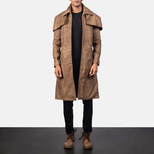 Classic <b>Brown</b> Sheepskin Notched Lapel Quilted Lining Open Front <b>Men's</b> <b>Overcoat</b> - Product Image 1