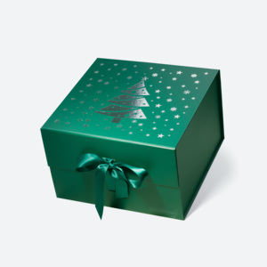 Caja de Regalo Magnética Cuadrada A5 Verde Oscuro Intenso con Estampado Plateado en Caliente y Cinta, Cajas de Regalo de Cartón de Lujo para Venta al por Menor - Product Image 1