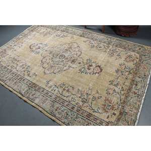 Vintage Beige tapis turc 5ft 9in X 8ft 6in classique grande surface laine fourrure abstrait Patchwork couloir Rectangle Latex pour - Product Image 4