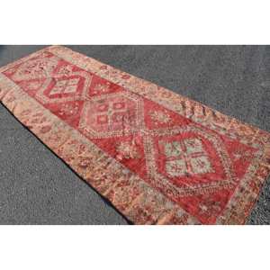 Alfombra turca Vintage de lana roja clásica de 4,6x12,1 pies, retales abstractos rectangulares grandes para uso en dormitorio de pasillo de látex - Product Image 2