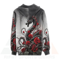 Sudadera con Capucha de Invierno para Mujer, Estilo Gótico, con Estampado 3D de Dragón y Rosa Roja, Cierre Frontal con Cremallera, Tejido No Tejido, Bordado