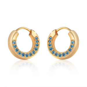 Boucles d'oreilles créoles de luxe en or jaune massif 14 carats avec fabrication de boucles d'oreilles en topaze bleue - Product Image 1