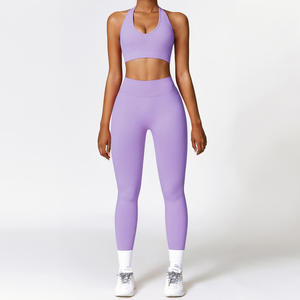 Ensembles d'entraînement côtelés à col en O pour femmes, vêtements d'entraînement de gymnastique sans couture, ensemble de yoga et soutien-gorge de sport, leggings et pantalons de yoga, ensemble de 2 pièces - Product Image 5
