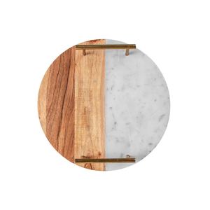 Plateau de service rond en marbre et en bois de qualité supérieure avec poignées en laiton, plat décoratif de luxe pour la maison, la cuisine, l'hôtel, les cadeaux - Product Image 4