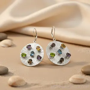 Boucles d'oreilles pendantes tendance pour femmes avec pierre précieuse argentée, bijoux élégants - Product Image 1