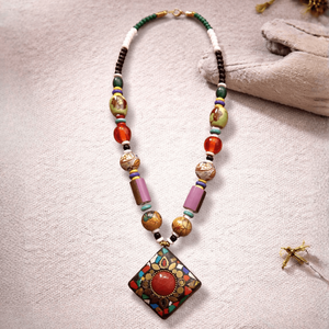 Collar de Cuentas con Colgante de Mosaico Geométrico Bohemio Multicolor, Acero Inoxidable, Corazón, Flor, Mariposa, Número, Diamante, Perla - Product Image 1