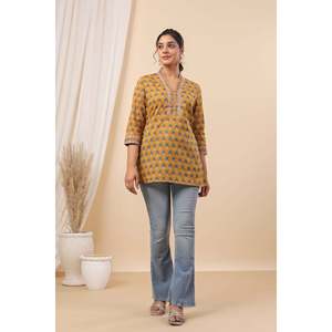 เสื้อทอผ้าฝ้ายปักลายสำหรับผู้หญิง Ulfat Zareen สีเหลืองมัสตาร์ด ไซส์ XL สำหรับใส่ทำงานและลำลอง - Product Image 4
