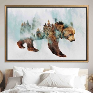 Toile imprimée Ours marchant dans la neige : Art abstrait forestier, TOILE ENCADRÉE DORÉE - Product Image 1