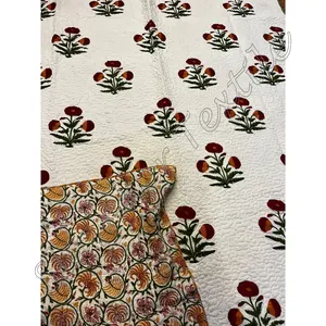 Bloc imprimé indien coton matelassé couverture de lit réversible Jaipuri haute finition classique drap de lit fait main avec 2 taies d'oreiller