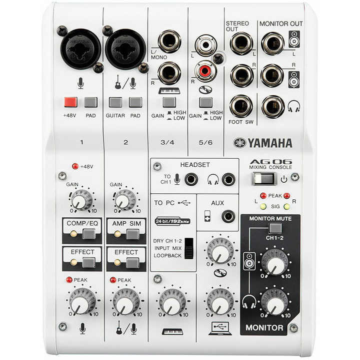 Yamaha AG06 audio interface mixer with dual mic inputs and effects for streaming and recording  with loopback and effects