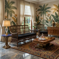 Ensemble de canapés en rotin foncé de style tropical colonial OE-FASHION, table basse en bois de burl, meubles de salon pour villa FF&E