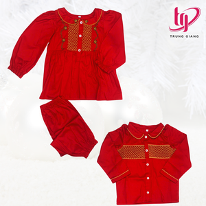 Custom Red Floral Cotton Children's <b>Pajamas</b> Long Sleeved Sleepwear Set for Kids Smocked Design for <b>Christmas</b> Season - Product Image 4