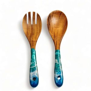 Juego de servidor de ensalada de madera de mango de Acacia con mango de resina Utensilios de cocina naturales Utensilios hechos en la India - Product Image 4