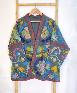 Grey Suzani Kimono Robe, Embroidered Boho Kimono <b>Jacket</b>, Handmade Cotton Wrap Robe, Tribal Festival Kimono - Product Image 1