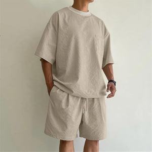 Conjunto informal de ropa de descanso de lino transpirable de talla grande al por mayor, cintura elástica, manga corta, 1 bolsillo para hombre y mujer para el verano - Product Image 2