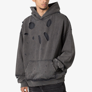 Sweats à capuche pour hommes surdimensionnés vintage personnalisés Streetwear lavage à l'acide styles déchirés brodés au soleil en détresse vêtements d'hiver brodés OEM - Product Image 2