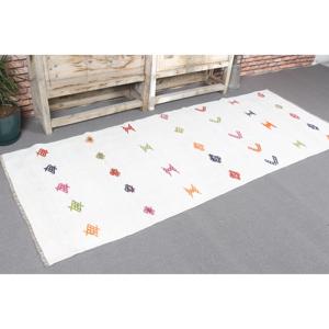 Tapis turc vintage 3x7,7 pieds, tapis en laine blanche Kilim - Product Image 1