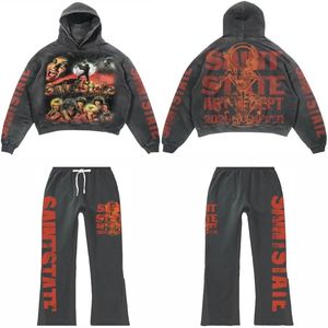 ชุดเซ็ตเสื้อฮู้ดดี้และกางเกงจ็อกเกอร์ทรงขาบานแบบสกรีนลายเอง ผลิตโดยผู้ผลิตชุดเซ็ตเสื้อผ้าสองชิ้น ล้างสีแบบ Acid Wash สำหรับผู้ชาย - Product Image 1