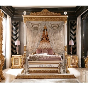 Luxurious King Size Solid Wood Modern <b>Canopy</b> <b>Bed</b> Four Poster Bedroom Furniture with Royal Carved Design - Product Image 1