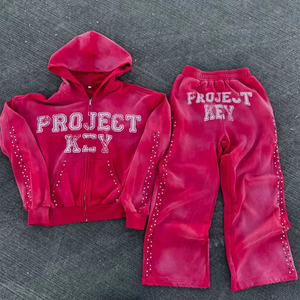 Ensemble survêtement personnalisé de haute qualité pour homme, pantalon de survêtement évasé et sweat à capuche, ensemble de survêtement en coton, sweat à capuche zippé avec strass - Product Image 1