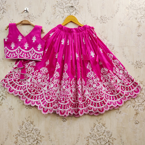 Shoryam Fashion - Lehenga Choli para Niñas, Largo hasta el Suelo, Completamente Cosido |   Vestido de Fiesta de Corte Regular con Bordado de Hilo Blanco sobre Tela Rosa - Product Image 1