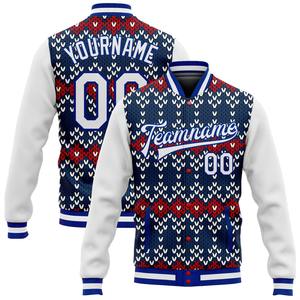 Vente en gros directe de l'industrie, veste bomber décontractée d'hiver personnalisée, bleu marine, blanc royal, Noël, 3D, entièrement à boutons-pression, veste universitaire - Product Image 1