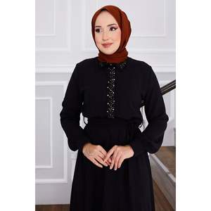 Black Stone Detailed Cintura plisada Hijab Vestido modesto - Product Image 3