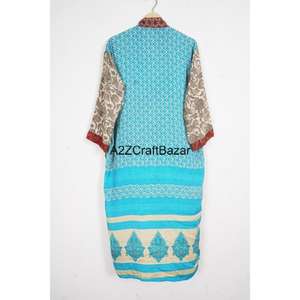 Robe d'été bohème en patchwork, 100% soie, respirante, douce, faite à la main, manches trois quarts, col en V, fermeture à cordon - Product Image 5