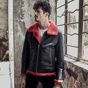 Veste en peau de mouton pour homme Manteau en fausse fourrure Manteau de pilote Veste volante noire Veste en peau de mouton B3 Doublure à col rouge - Product Image 3