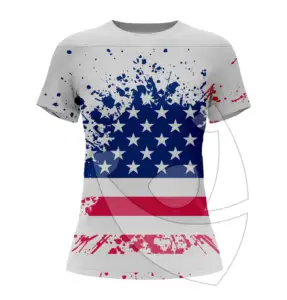 2023 신상품 통기성 승화 미국 국기 여성 티셔츠 100% 폴리 에스테르 면 느낌 미국 크기 국기 여성 티셔츠