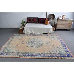 Tapis Turc Vintage Authentique 5.8 X 8.1ft Beige Bleu Patchwork Design Laine Latex pour Salon Couloir Tabriz pour Adolescents - Product Image 3