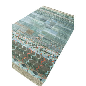 Tapis rectangulaire fait main en laine et soie de bambou Manchaha Green, noué à la main, 10 mm, patchwork, pour couloir et intérieur, modèle Les-2440 - Product Image 2