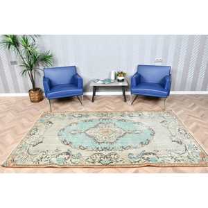 Alfombra Vintage, Alfombra Turca de 4.9x8.3 pies, Alfombra de Lana con Diseño Floral Azul y Blanco - Product Image 2