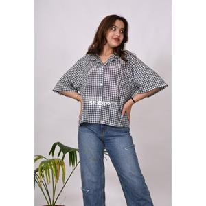 Femmes Designer coton lin Handloom Blouse motif à carreaux tenue de cérémonie pour le bureau saison d'été décontracté coupe ample bouton - Product Image 1