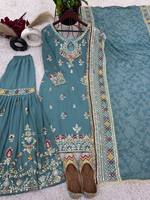 Nuevo Conjunto de Diseñador para Bodas y Fiestas Diwali: Top, Pantalón Palazzo y Dupatta con Bordado Pesado, Reversible, Antiarrugas y de Secado Rápido (Fox)