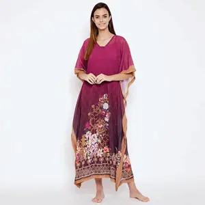 Polyester Georgette v-boyun çizgisi kısa kollu Ombre çiçek Georgette Kaftan ile boru detay ile kayma