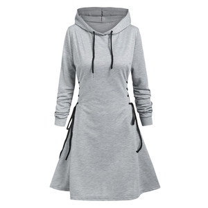 Vestido con capucha ajustado ecológico informal para mujer, cuello en V, manga larga con lazo en la cintura, Mini sudadera de Color sólido para otoño - Product Image 3