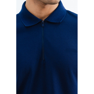 Polo en piqué de coton bleu marine à manches courtes pour homme, coupe classique, décontracté, respirant, tricoté, design uni, patte de boutonnage - Product Image 5