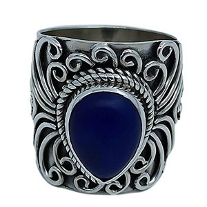 925 Sterling Silver Handmade <b>Statement</b> <b>Ring</b> Lapis Lazuli Gemstone Natural Blue Pear Shape Boho September Birthstone Jewelry Gift - Product Image 1