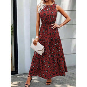Women's Sleeveless Crew Neck <b>Elastic</b> Waist Patterned Single Jersey <b>Dress</b>, 34960 - Red - Product Image 1