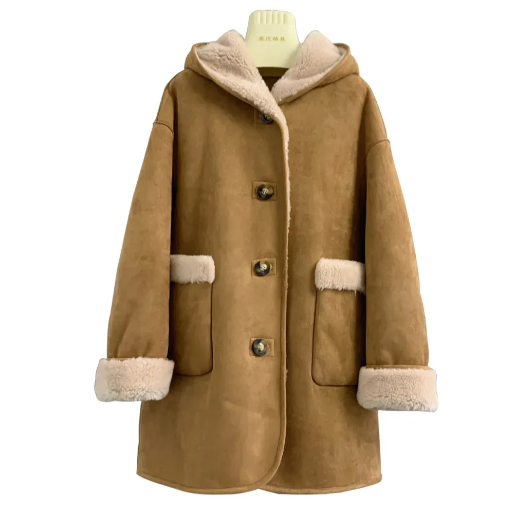 Reversible hooded lambswool coat suede grained sheep womens shearling long fur coat women fur coat leather