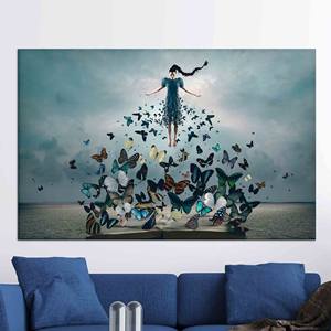 Tableau sur toile Papillon Femme : Décoration murale moderne pour chambre de fille, TOILE ENVELOPPEE - Product Image 1