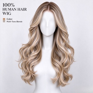 วิกผมแท้ 100% แบบติดลูกไม้ด้านหน้า ทรงยาวลอนคลื่นหลายเฉดสีบลอนด์  ดูเป็นธรรมชาติ  สำหรับผู้หญิง - Product Image 1