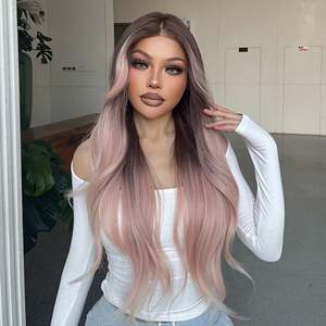 Galinda-DWY for Ombre Pink <b>Brown</b> Tresses Wavy Synthetic <b>Wig</b> Transparent Front 136 Free Part Front Free Part Ombre Pink <b>Brown</b> - Product Image 5